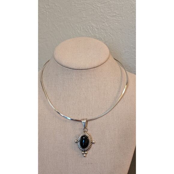 Vintage Handmade Mexico 925 Black Onyx Sterling Silver Hook Collar Necklace - Picture 6 of 8